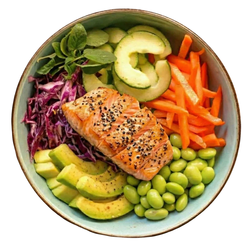 Poke bowl — Grilled salmon at WINTER CAFE restaurant in Ungasan, Bali